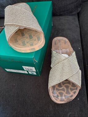 Lauren Lorraine Embellished Crisscross Slide Sandals in Nude